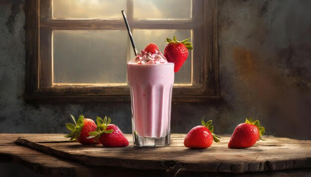 Strawberry and strawberry milkshake on a wooden table Strawberry Smoothie