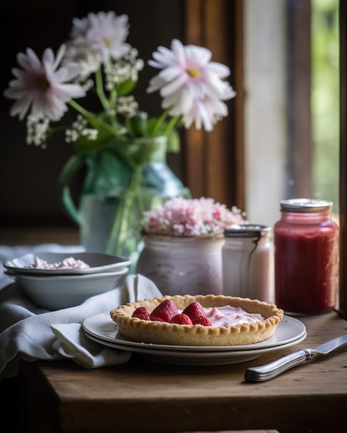 A strawberry tart sits on a table next to a vase of flowers.