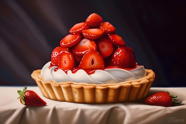 Strawberry tart with whipped cream and fresh strawberries on a white tablecloth