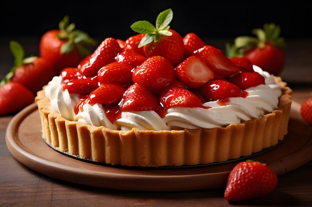 Strawberry tart with whipped cream and fresh strawberries on wooden background