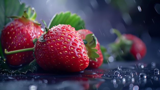 a strawberry that is on a black table with drops of water