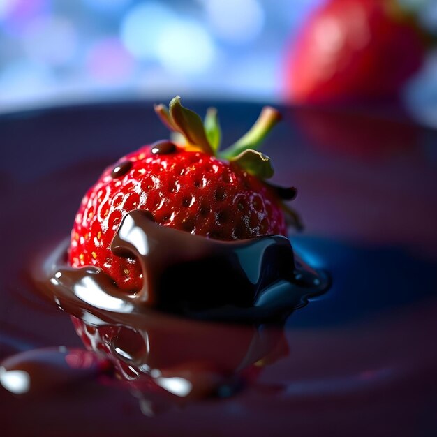 Photo a strawberry that is reflecting in a puddle of chocolate