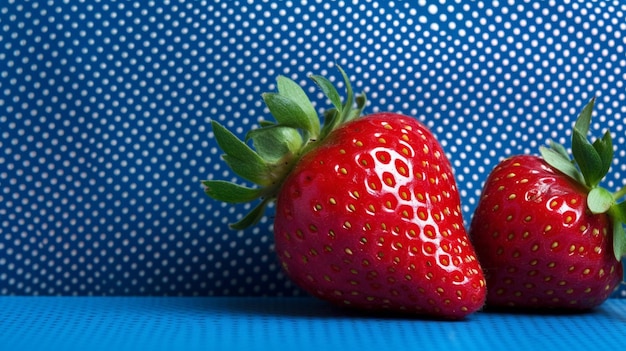 A strawberry and two other fruits are on a blue table cloth.