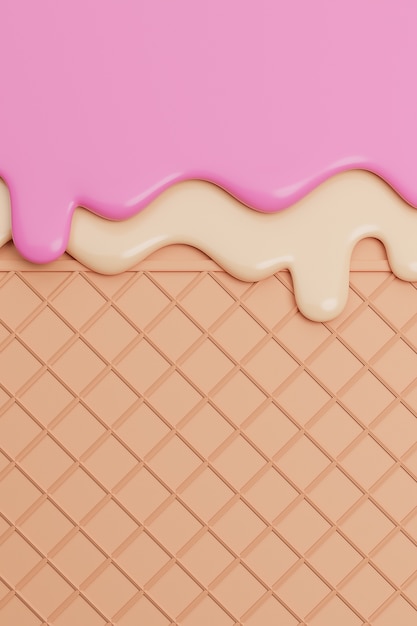 Strawberry and Vanilla Ice Cream Melted on Wafer Background. 3d illustration.