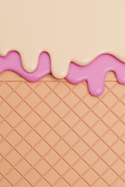 Strawberry and Vanilla Ice Cream Melted on Wafer Background, 3D rendering