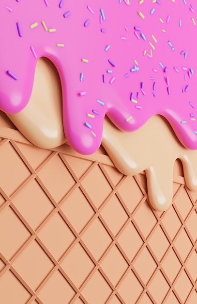 Strawberry and Vanilla Ice Cream Melted with Sprinkles on Wafer Background.,3d model and illustration.