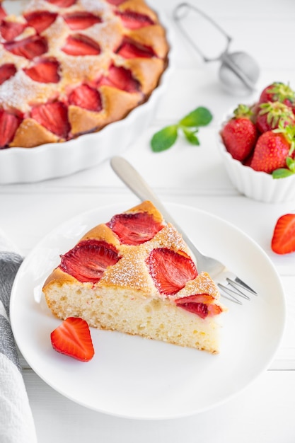 Strawberry vanilla sponge cake or pie with fresh strawberries Summer dessert Copy space