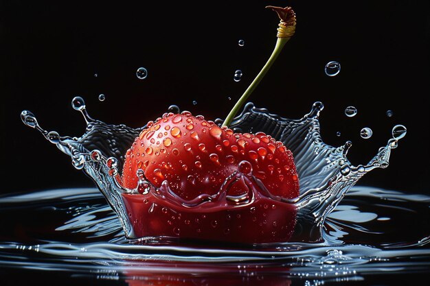 a strawberry in water with bubbles in the background