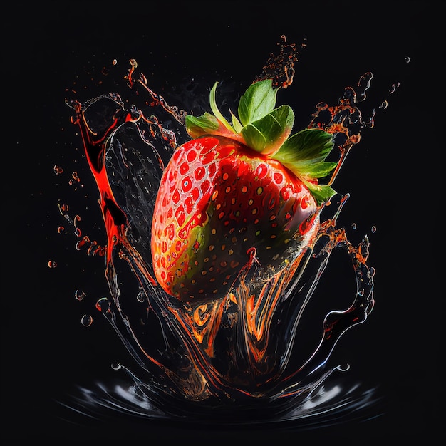 Strawberry in water with water splash on black background Generative AI