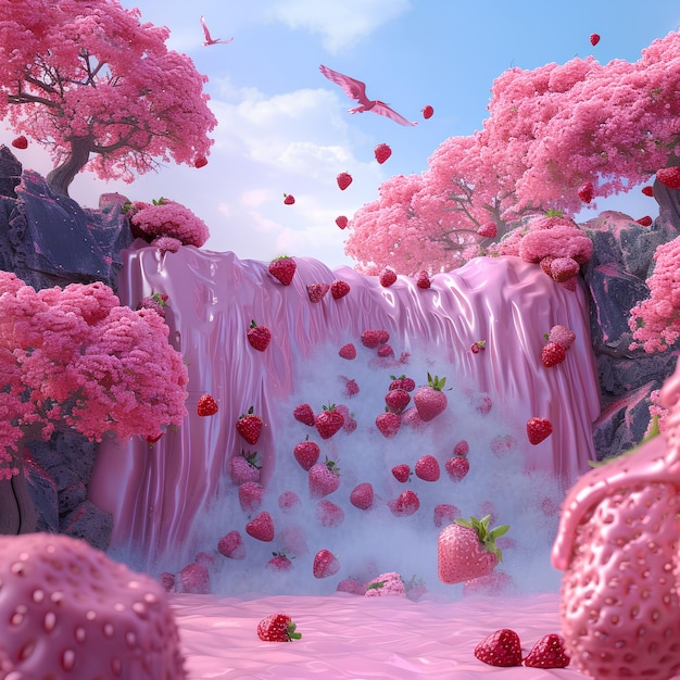 Strawberry waterfall pink water chocolate chips photorealistic