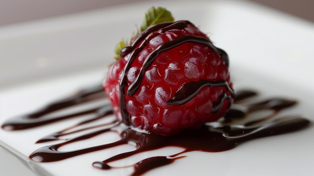 Photo a strawberry with chocolate sauce on it sits on a table