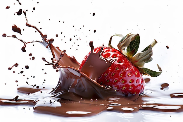 Photo a strawberry with chocolate splashes and a splash of chocolate splash