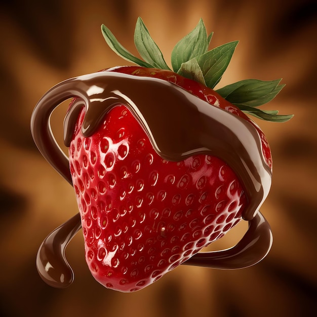 a strawberry with chocolate syrup and a brown background AI generated