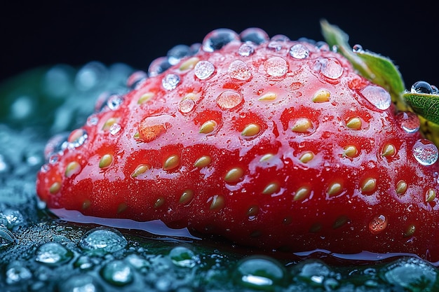 a strawberry with drops of water on it and a black background