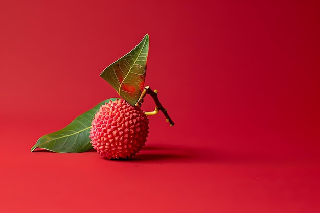 a strawberry with a green leaf on it is on a red background