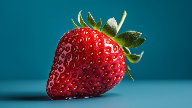 A strawberry with a green leaf on it