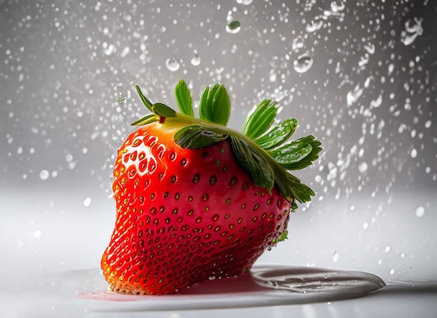 A strawberry with a green leaf on it