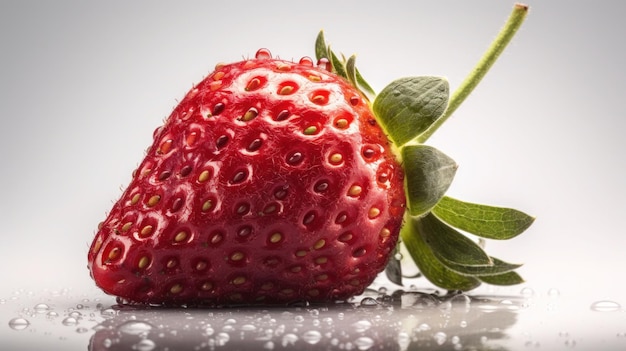 A strawberry with a green leaf on it