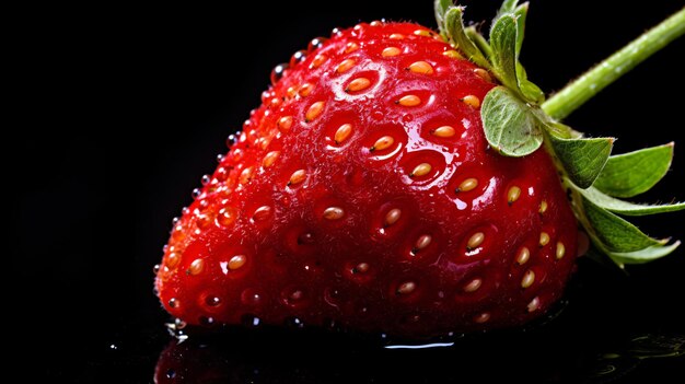 a strawberry with green leaves and a green leaf