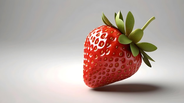 a strawberry with green leaves on it is shown