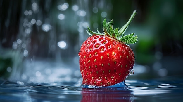 a strawberry with green leaves on it is in the water