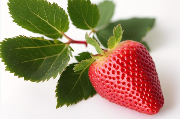 A strawberry with green leaves on it