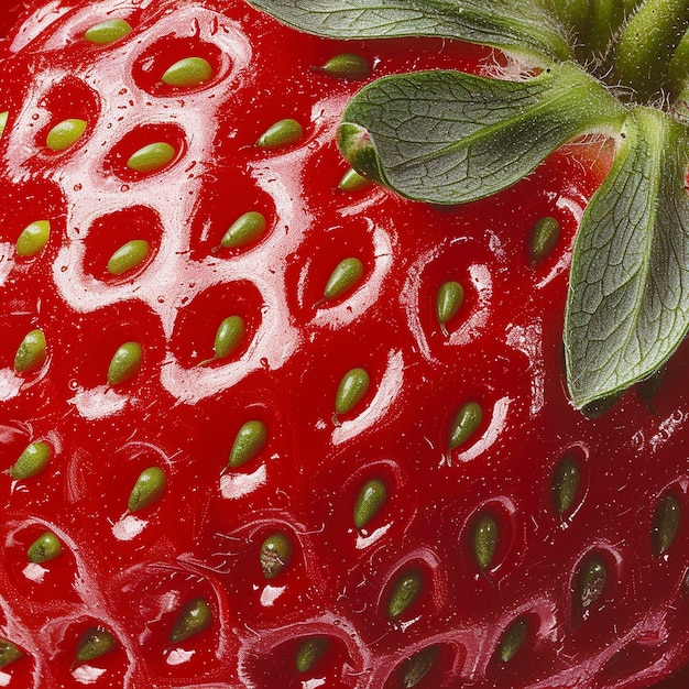 a strawberry with green leaves and a white dot on it