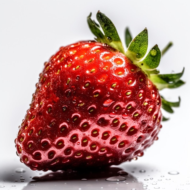 A strawberry with a green stem and a green leaf.