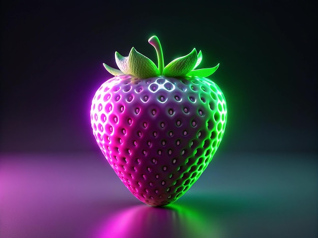 a strawberry with a green stem and purple background with a purple light around it