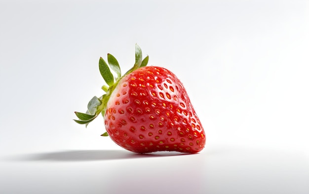 A strawberry with a green stem sits on a white surface.