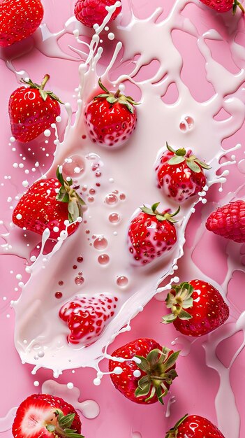 Photo a strawberry with milk and bubbles on a pink background