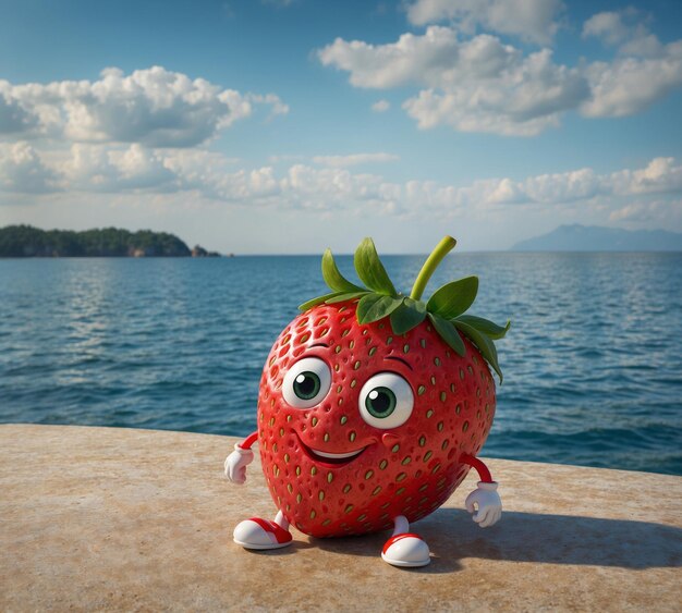 a strawberry with a smile on its face is in the water