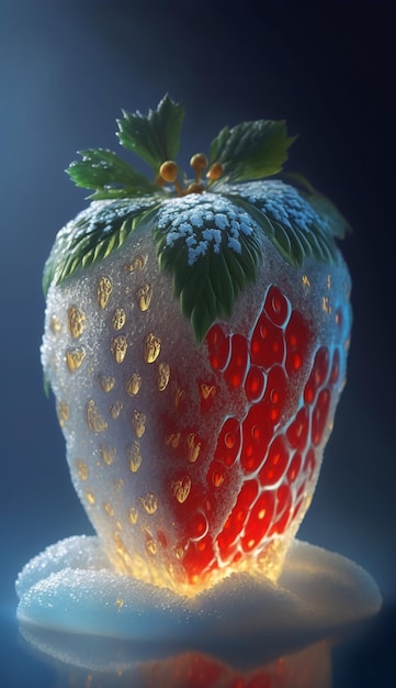 A strawberry with snow on it and the word strawberry on it