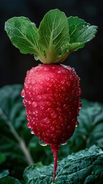 a strawberry with water drops on it and the water droplets on it