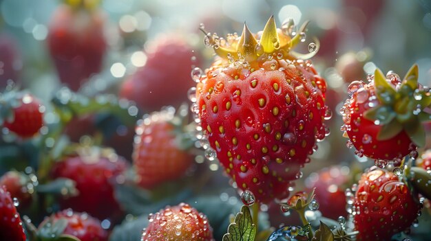 a strawberry with water drops on it and the word strawberry on the bottom