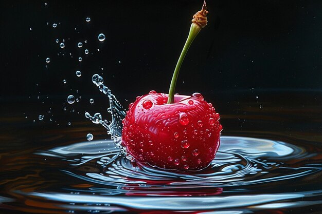 a strawberry with water splashing in the background and the word cherry