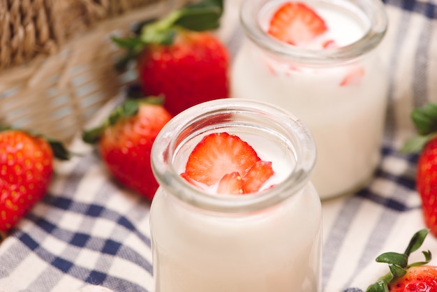 Strawberry Yoghurt. Healthy food with Strawberries and yoghurt breakfast on table.