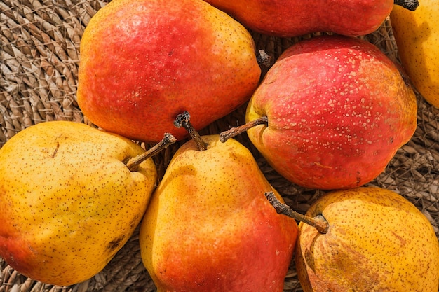 Strawlined juicy yellow pears wholesome food organic fruits from the farmers' market Idea for background or wallpaper