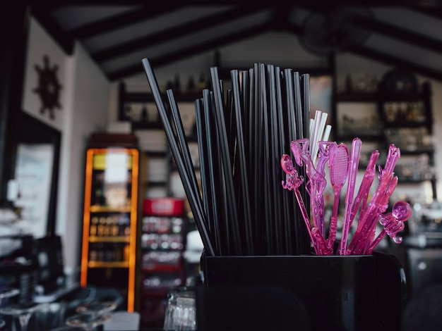 Straws in a bar counter