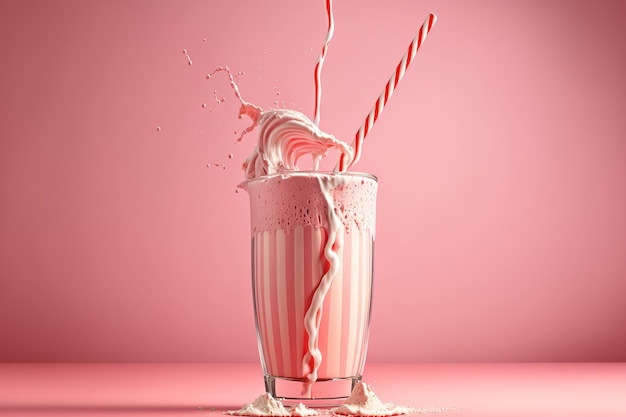 Straws with stripes in a glass of strawberry milkshake splashing over a pale pink background