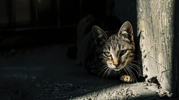 Photo a stray cat hiding in the shadows its eyes glowing faintly embodying the loneliness of the streets