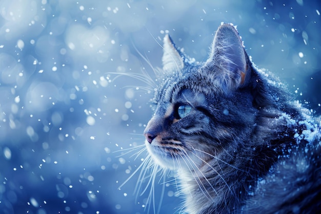 Stray cat in winter snow beautiful feral animal covered with frost and ice crystals Raw untamed