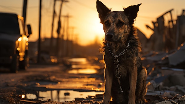 Stray Dog on a Damaged Street in Afternoon Light A Powerful Image for Animal Rights Advocacy