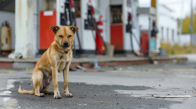 A stray dog pants heavily in front of a boardedup gas station the gas pumps long since dry