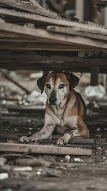 Photo stray dog under wooden planks in an abandoned area with sad eyes animal welfare social photo