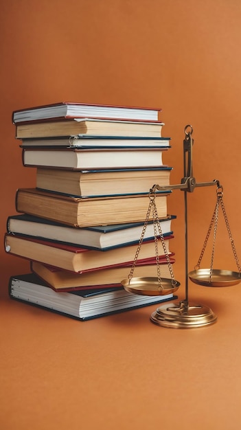 Photo strcase of books and libra scale on orange background