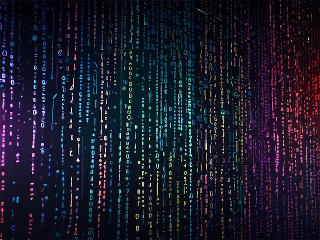 A stream of binary code scrolls down a dark screen