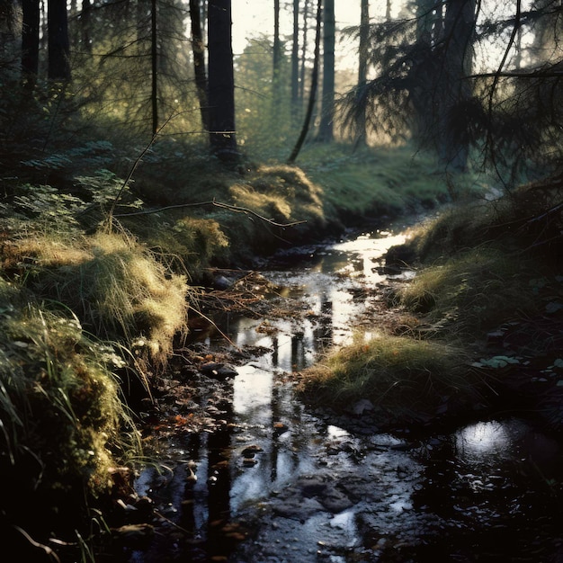 Stream in the evening forest