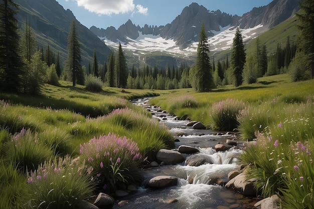 Stream flowing through blooming alpine meadow and lush green woodland high altitude mountain range at