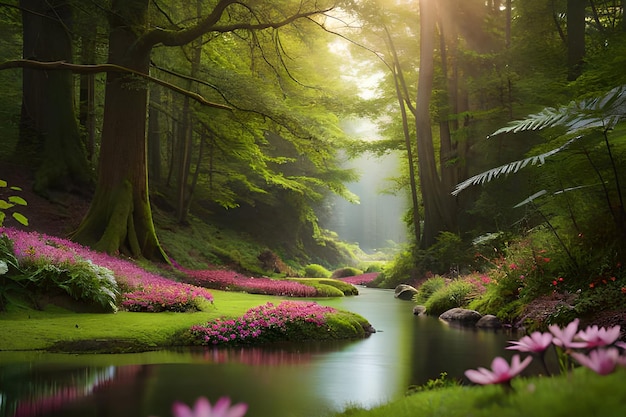 A stream in a forest with flowers in the foreground